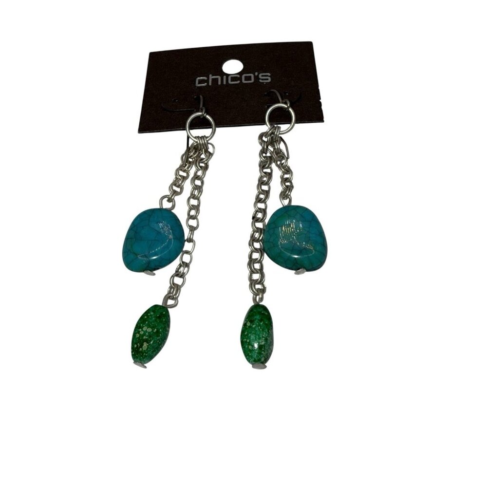 Chico's Silver & Turquoise Blue Green Dangle Bead 3" Earrings NEW - Picture 3 of 4